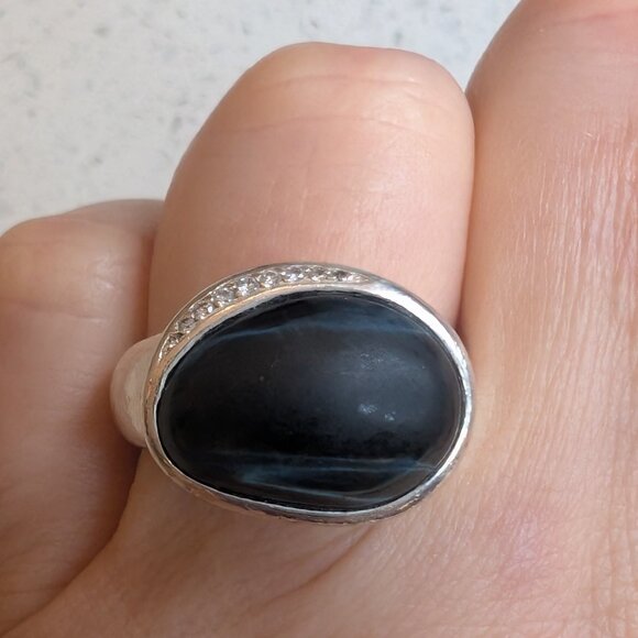 Ippolita Sterling Silver Oval Black Tiger Eye Diamond Cluster Band Ring 7 RARE - Picture 2 of 7